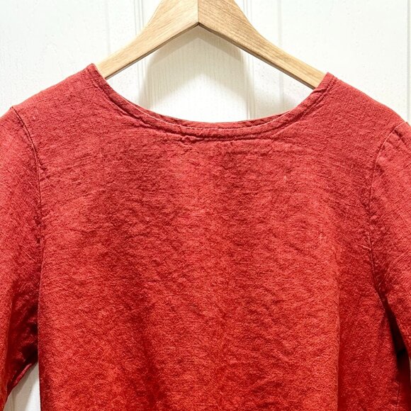 Bryn Walker Women's 100% Linen Tunic Top  Size S Red Ruffle Sleeves Hi Low Boho - Picture 2 of 13